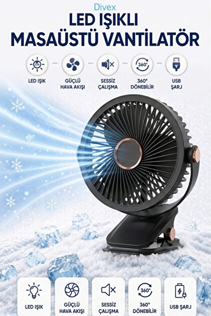 Divex Masaüstü Şarjlı 360° Dönebilen Klipsli Fan Vantilatör