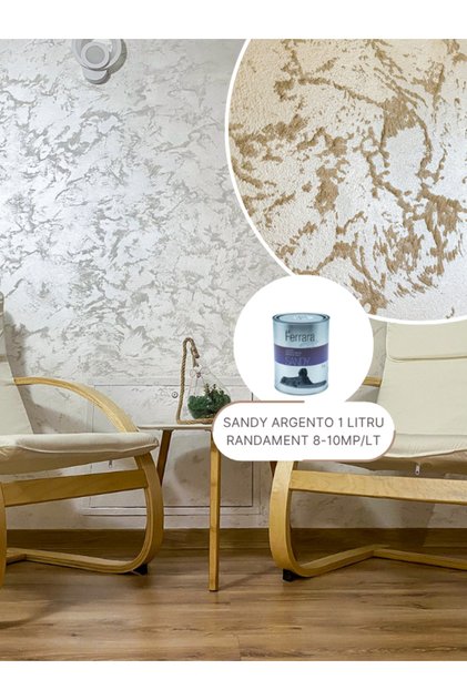 Vopsea decorativa perlata Sandy Ferrara Design, argintiu cu tenta crem, pe bază de apă, 1 L