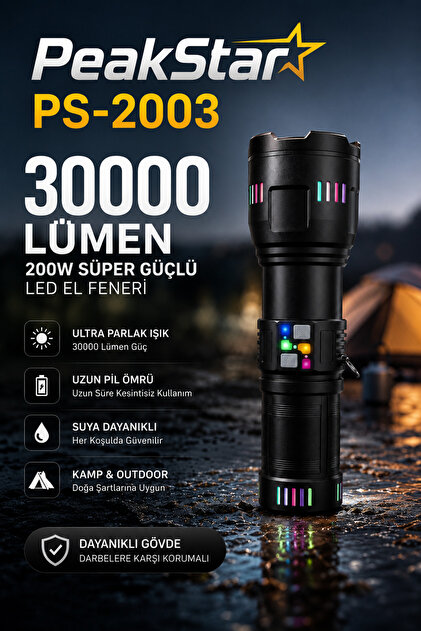 PeakStar PS-2003 Ultra Parlak Su Geçirmez Zoomlu Güçlü 200w 30000