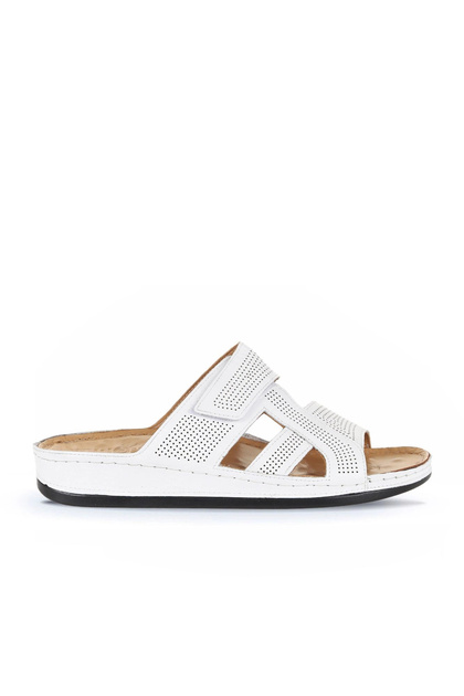 White Printed Leather Men's Flat Slippers 25Mt2411