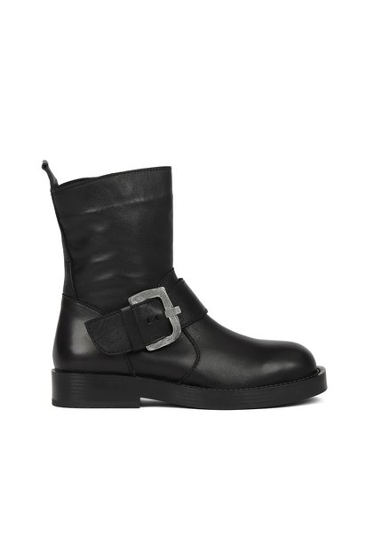 Black Leather Women's Flat Boots 01Wf4303