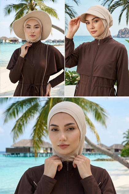 3-Piece Set of Hijab, Visor and Hat Is Hijab-Friendly (Sea, Pool) Swimming Cap, St-1Sn, St-1Sn, Beige