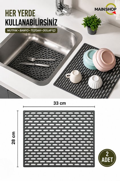 2 Adet Dikdörtgen Silikon Ayarlanabilir Kaydırmaz Lavabo Üst ve İç Matı 33x28 Antrasit M-115