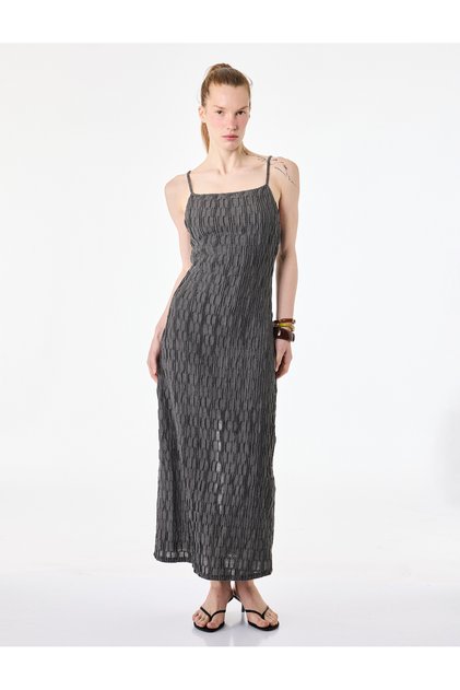 Bürümcük Fabric Textured Slit Detailed Square Neck Slim Fit Strappy Midi Dress