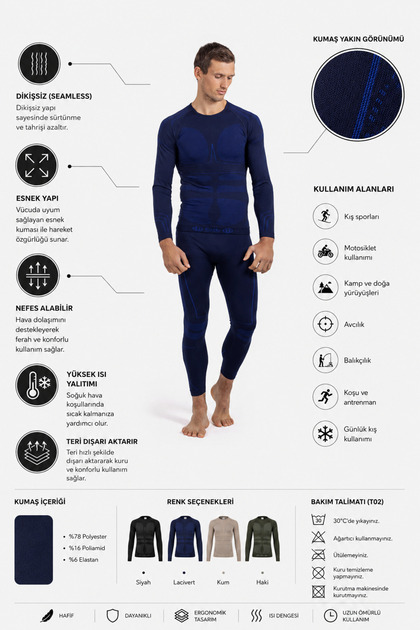 Unisex Lightweight Fabric High Heat Protection Thermal Underwear Long Sleeve Top Dark Blue