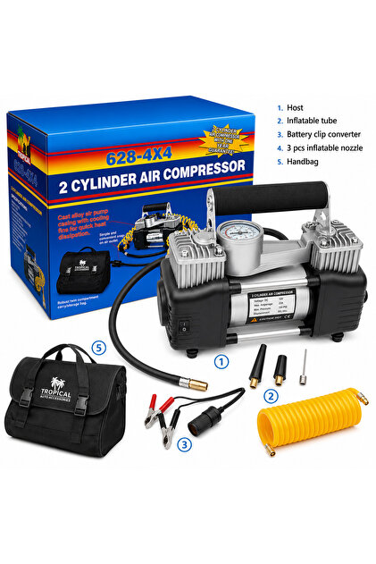 Heavy Duty 2 Cylinder Car Air Compressor 12V Portable Tire Inflator Pump With Pressure Gauge, Battery Clips, Long Hose & Carry Bag, Auto Air Pump For SUV 4x4 Sedan Motorcycle Bicycle Tires