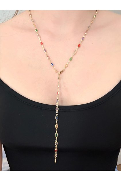 Gift – Oval Y Steel Necklace with Zircon Colored Stones | Gift Boxed