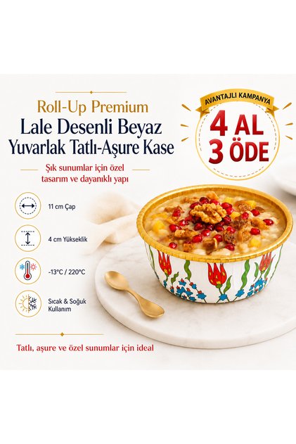 Premium Lale Desenli Beyaz Aşure Kasesi 6'lı | Yuvarlak Muhallebi Sütlaç Puding Servis Kasesi