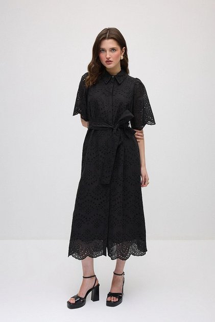 Embroidered Cotton Piece Long Shirt Dress - Black