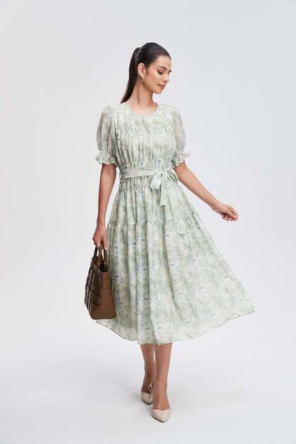 Short-Sleeve Floral Midi Dress with Waist Tie