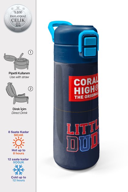 Kids Lacivert Lıttle Dude Baskılı Pipetli ve Direkt İçim Çelik Termos 500 ml 38119
