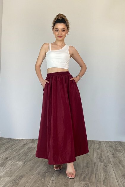 Long Poplin Skirt with Pockets and Elastic Waist