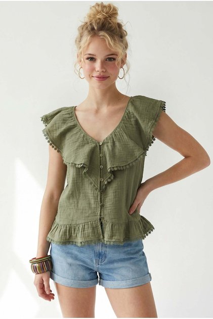4935 Women's Lace Detailed Flounce Collar Muslin Blouse Çağla