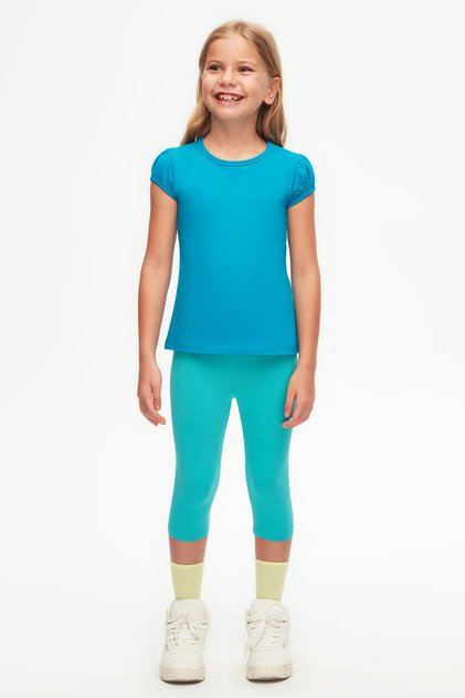 Dark Turquoise Basic Girl's Crew Neck Watermelon Sleeve T-Shirt