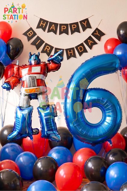 Transformers Optimus Prime 6 Years Old Birthday Balloon Set Foil Number Balloon, Happy Birthday Banner
