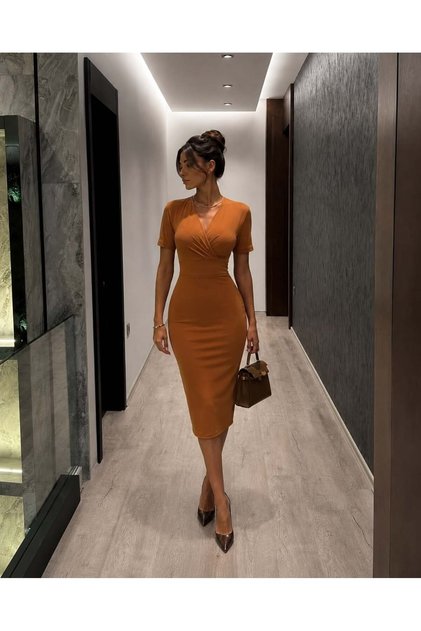 Kruvaze Yaka Kısa Kol Kalem Elbise TABA 582868