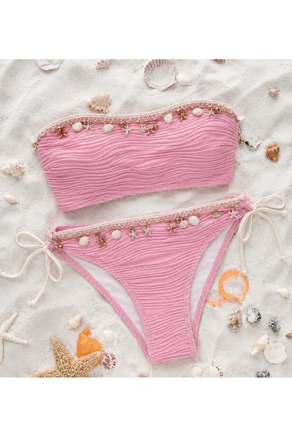Perla Kadın Bej Deniz Kabuğu Detaylı Straplez Bikini Takımı - İpli ve Ayarlanabilir Fitilli Bikini
