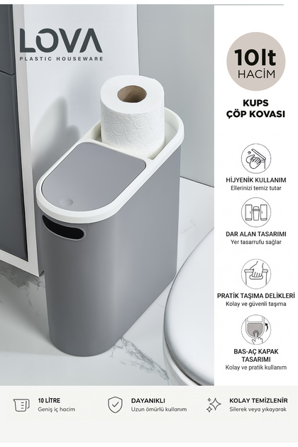 10 lt Kups Banyo,Ofis,Mutfak Çöp Kovası (GRİ)