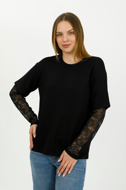 Kadın Siyah Kolu Dantelli Oversize Bisiklet Yaka Tişört - H6060