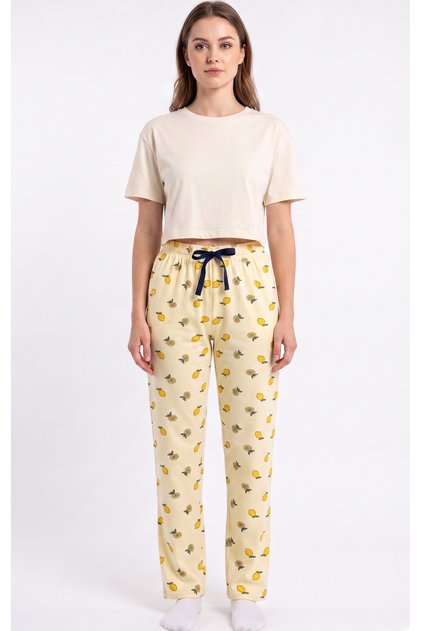 Kadın Yazlık Pijama Altı Limon Baskılı Konforlu Ev Giyim