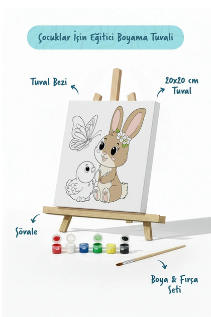Sevimli Tavşan Temalı Çocuk Boyama Tuvali – Şövaleli Eğitici Boyama Seti 20x20 cm