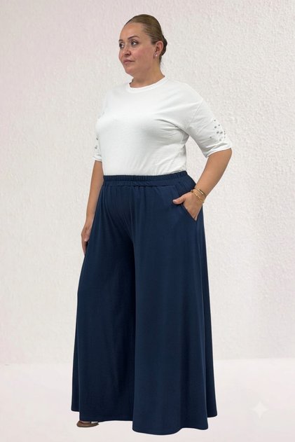49003 Plus Size - Elastic Waist Combed Cotton Skirt Trousers - Petrol Color