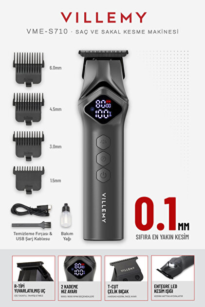 VME-S710 Profesyonel Saç Kesme, Sakal ve Ense Tıraş Makinesi Sıfıra En Yakın Kesim 0.1 mm T-Cut LED