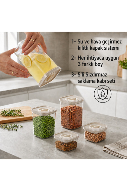 ORGANİZERS Tam Vakumlu Kilitli Sızdırmaz Şeffaf Saklama Kabı 5'li