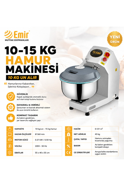 EMİR 10 KG HAMUR YOĞURMA MAKİNESİ – EV TİPİ EKMEK VE PİZZA YOĞURMA ROBOTU, GÜVENLİ KAPAK ÇOCUK DOSTU