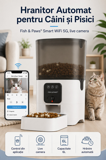 Hranitor Automat pentru Caini si Pisici, Fish & Paws,Smart WiFi 5G,Live Camera