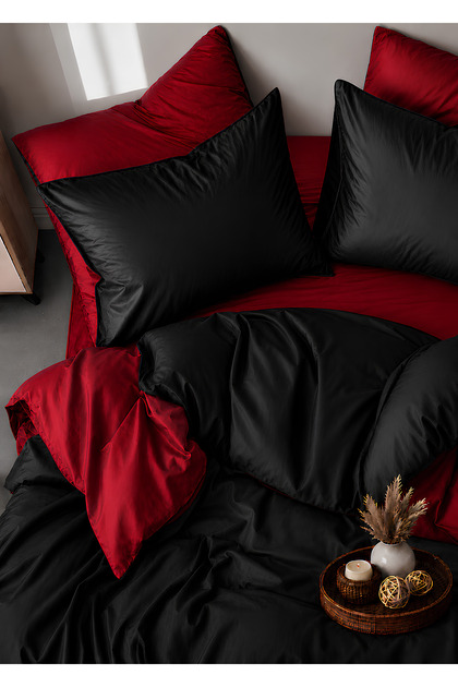100% Cotton Satin Double-Sided Design Black Red Double Duvet Cover Set (83 Thread-125 Gsm)