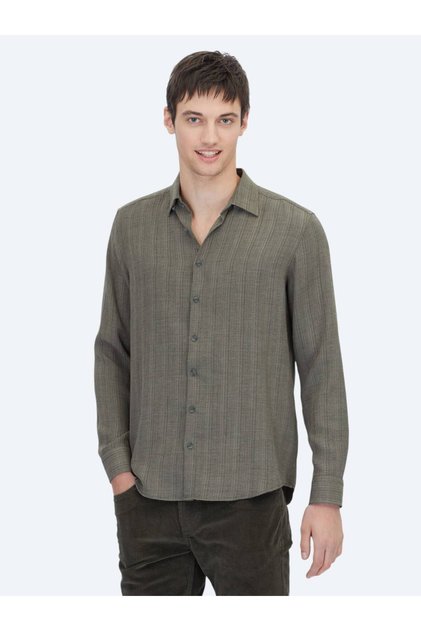 Haki Çizgili Regular Fit Uzun Dokuma Casual Gömlek