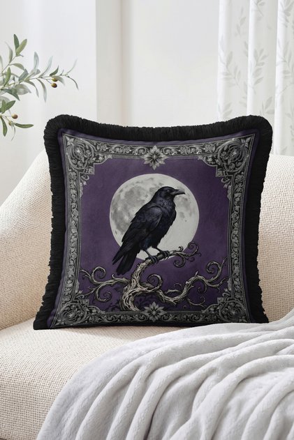 Purple and Black Fringed-Tasseled Throw Pillow Cover with Raven Figure in Front of a Full Moon Retro Decorative Pillowcase
