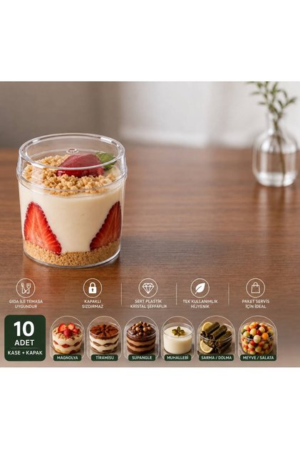 10 Pieces 300 Cc Round Magnolia Bowl with Lid, Hard Plastic Transparent Dessert and Presentation Container