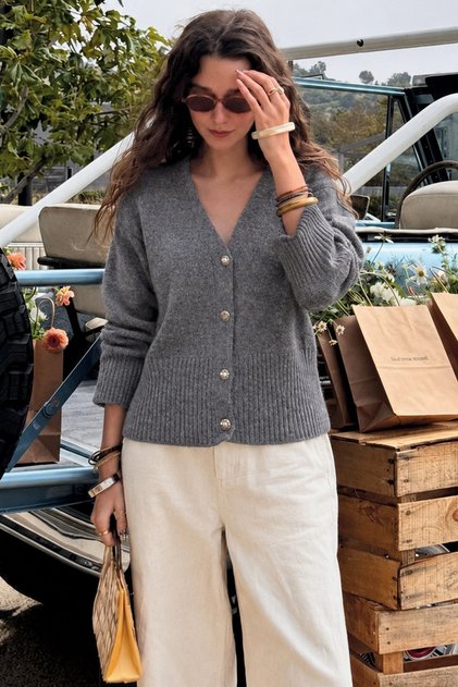 Anthracite Buttoned Ribbed Detailed Knitwear Cardigan Mg2199