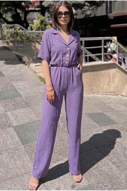 Lila Apaş Collar, Short Sleeves, Linen/Airobin Fabric, Relaxed Fit, Half Placket, Drawstring Waist Jumpsuit