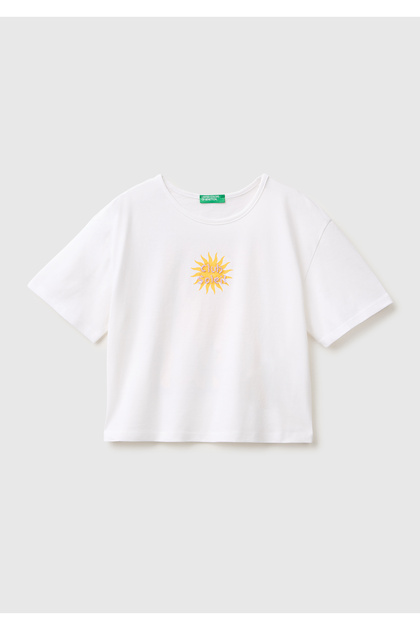 Girl's white t-shirt with front and back print detail and wide neckline