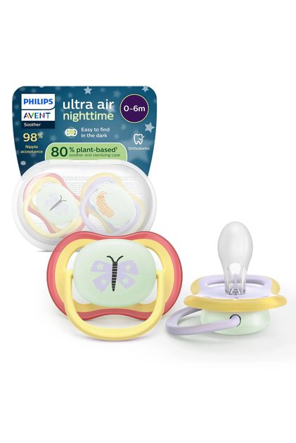 Set 2 suzete Philips Avent Ultra Air SCF376/25, ortodontice, fara BPA, 0-6 luni, buton fosforescent