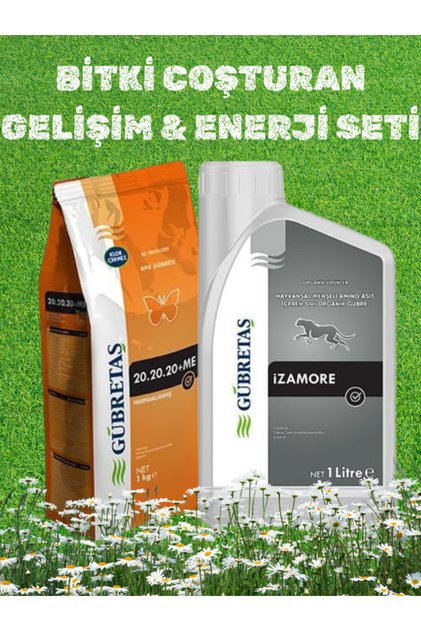 Bitki Coşturan Gelişim & Enerji Seti 20.20.20+ME 1 KG + İzamore 1 LT Çiçek Ağaç Bitki Çim Bakım Yaprak/Toprak Gübresi Seti