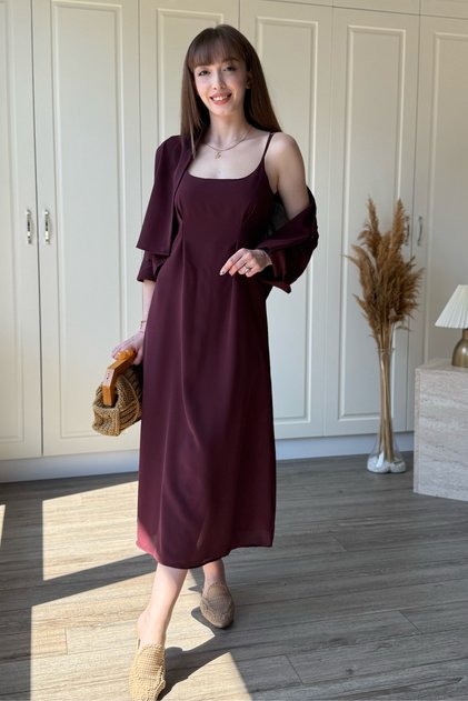 Burgundy Suit with Draped Chest Detail Shirt Dress