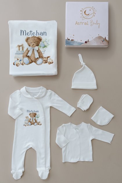 100% Cotton Premium Newborn Hospital Release 6-Piece Set with Collar and Long Sleeves Teddy Bear