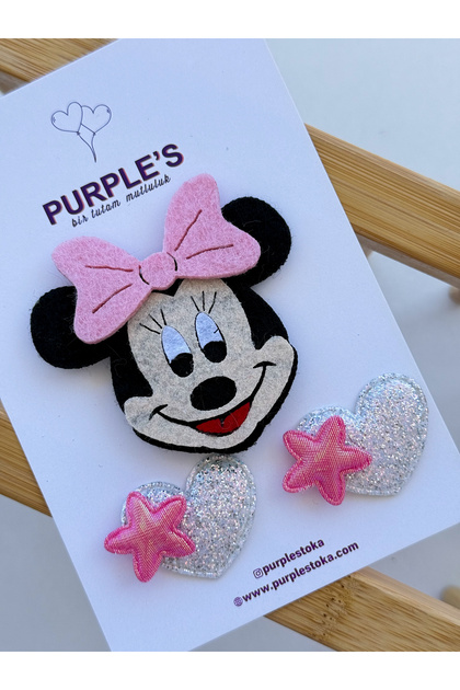 Set of 3 Large Size Minnie Mouse and Starry Heart Model Baby Hair Clips with Less Hair / Hair Clips for Babies Without Hair