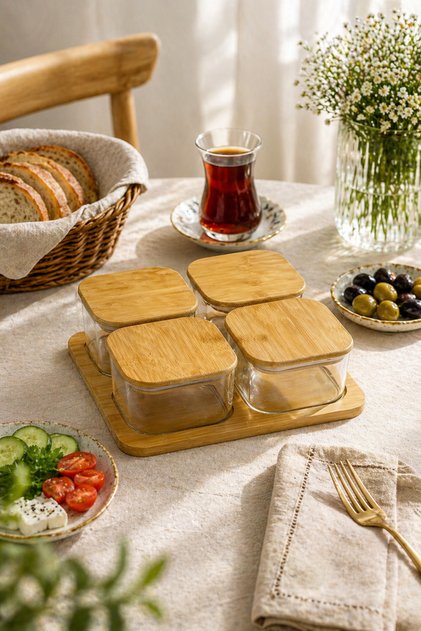 Bambu Kare 300ml 4’lü Kahvaltılık Seti Cam Vakum Kapaklı Tepsili 9 Parça Sunum İkramlık