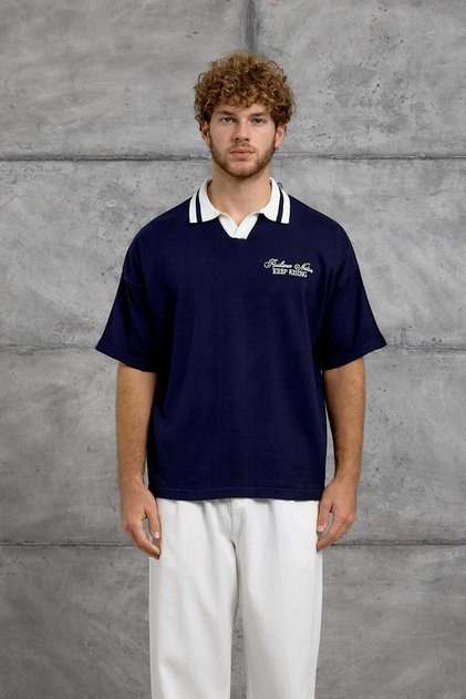 Men's T-Shirt Dp Rising Printed Knitwear Navy Blue Oversize Printed Polo Collar Knitwear