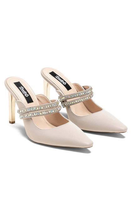 Women's High Thick Heeled Open Back Stone Detailed Elastic Evening Dress Shoes 14125