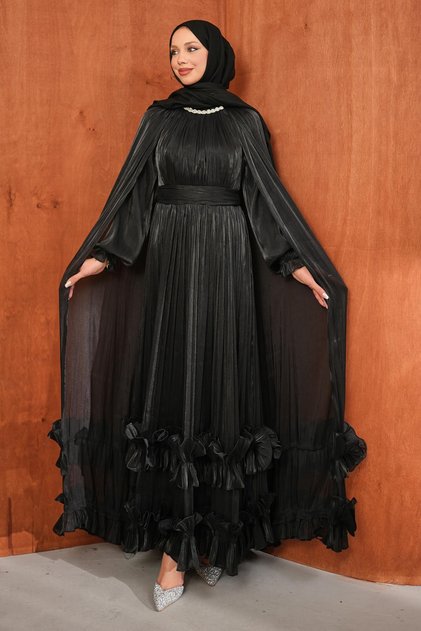 Black Ruffled Hem Cape Evening Dress