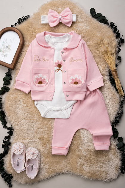 1044 Embroidered Baby Girl 3-Piece Set – Pink Powder Lilac Dried Rose Knitted Fabric Stylish Set 3-6-9 Months