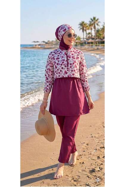 Hijab Bandana Swimsuit Digital Patterned Black 4 Piece Scarf Bonnet, Bandana, Top, Bottom Set Does Not Show Skin and Body Lines