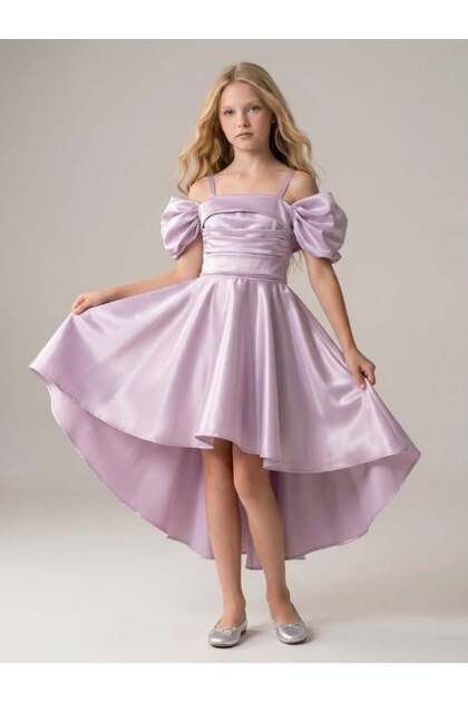 Zekids Girl's Shoulder Detail Satin Short Front Long Back Evening Dress-  Trendyol