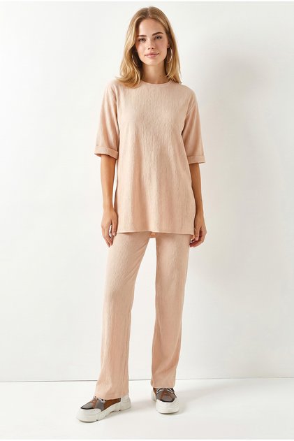 Women's Beige Knitted Top and Bottom Set Tkm-19000495